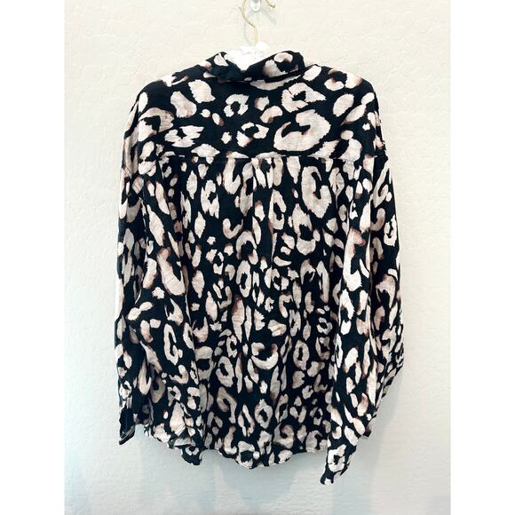 H&M | Linen Blouse Black Tan Leopard Print Long Sleeve Top | XXL - Picture 4 of 7